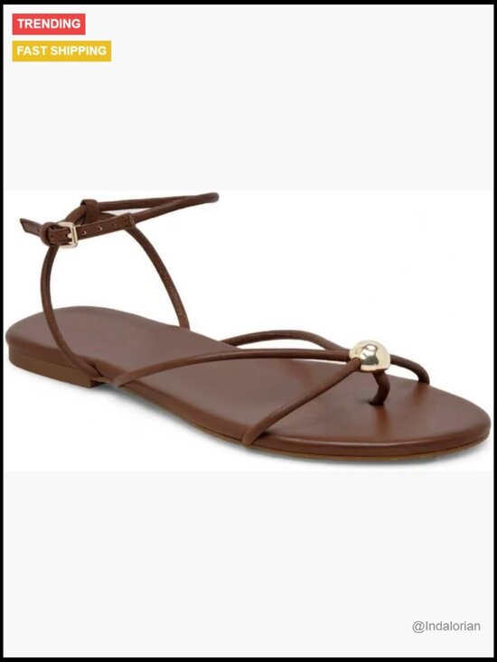 Shoes - Strappy Flat Sandals with Adjustable Buckle Closure and Gold Ball Detailing